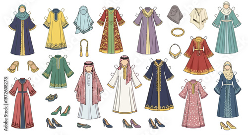 Paper doll set with traditional islamic fashion and accessories vector isolated on white background