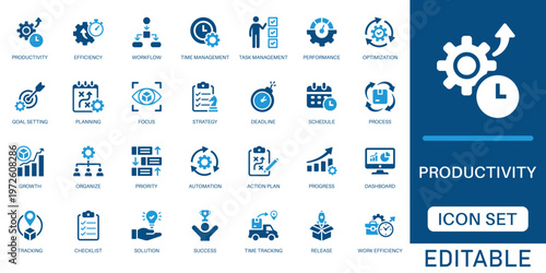 Productivity and efficiency icon set. featuring work efficiency, time management, workflow, strategy, task organization, and business growth in blue flat design style.