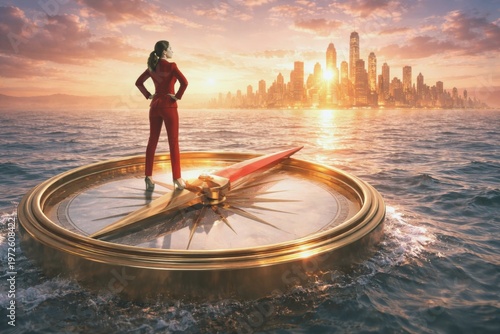 Businesswoman standing on a compass overlooking a city skyline at sunset