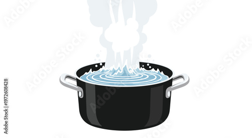 An open black stockpot filled with vigorously bubbling blue water releases a thick and dense column of white steam into the bright surrounding space.