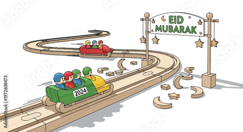 Roller coaster ride with toy train cars and Eid Mubarak banner vector isolated on white background