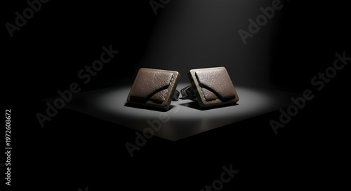 Brown leather cufflinks positioned on a dark surface, showcasing a sophisticated design. Elegant accessory for a business professional in a modern office setting.
