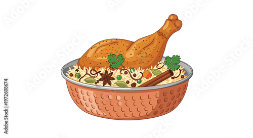 A beautifully textured copper serving bowl holds a generous portion of aromatic spiced rice topped with a large succulent golden-brown roasted chicken leg.
