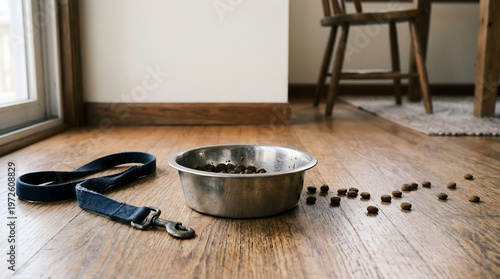 Realistic Dog Food Bowl After Eating with Scattered Kibble, National Dog Day Daily Life Concept