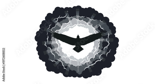 A dramatic dark silhouette of a powerful bird of prey flies directly forward through a circular tunnel formed by layered grey and black storm clouds.