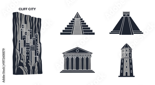 Black and white architectural building icons.
