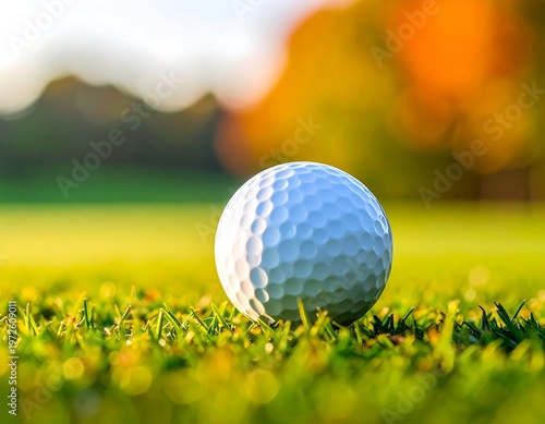 Golf ball on green grass with blurred background.