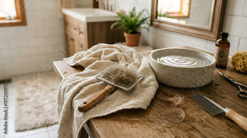 Realistic Dog Grooming Tools Scene with Fur and Water Elements, National Dog Day Care Concept