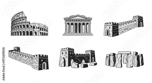 Collection of ancient stone structures icons.