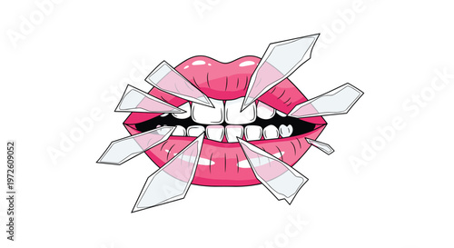 Vibrant pink pop art lips with gleaming white teeth are depicted as large transparent glass shards explode outward in a dramatic and sharp visual display.
