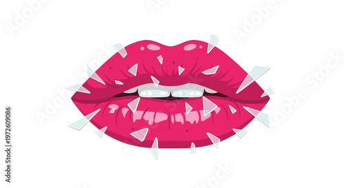 Meticulous magenta lips with bright white teeth are shown with many tiny triangular glass fragments scattering across the frame in a fine crystalline spray.