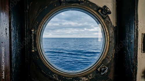 View of the calm ocean through a ship's porthole window with clouds in the sky during the daytime