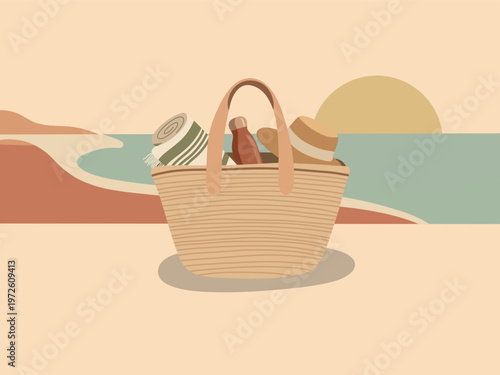 Minimal flat vector illustration of a beach picnic basket with summer items on a stylized coastal landscape. Perfect for travel, vacation, lifestyle, and seasonal design projects.