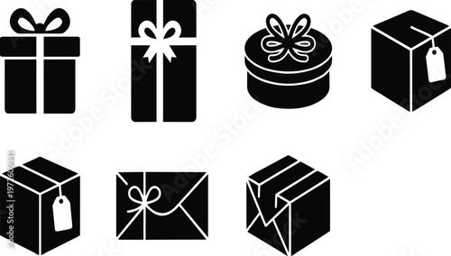 A set of black and white gift boxes on transparent background