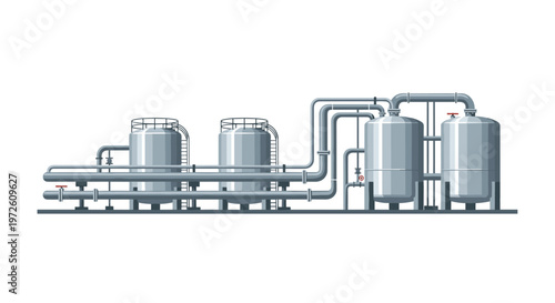 A series of large silver industrial storage tanks are interconnected by an intricate network of grey pipes and red valves in a complex factory setting.