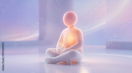 Serene Figure Meditating in Tranquil Environment with Glowing Heart Chakra, Promoting Inner Peace and Calmness