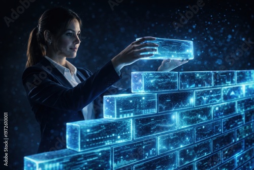 Businesswoman building digital data wall with futuristic technology in modern office
