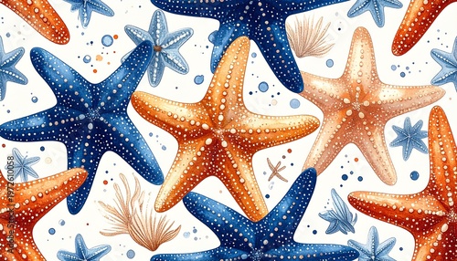 Seamless Watercolor Starfish Pattern with Nautical Marine Life in Indigo Blue and Orange Colors for Summer Beach Fabric and Wallpaper Design