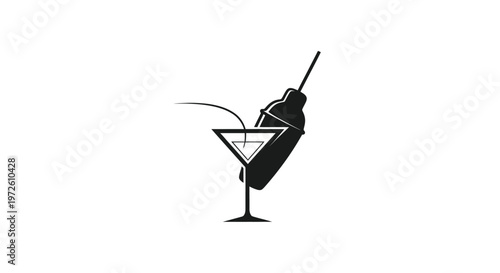 Cocktail shaker and martini glass silhouette, bar tools, party drink preparation