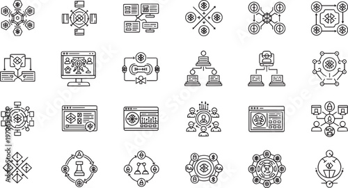 Decentralized Network and Blockchain Technology Outline Icon Set