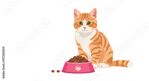 A charming ginger tabby cat with bright green eyes sits patiently beside a vibrant pink bowl filled with nutritious brown kibble on a white surface.