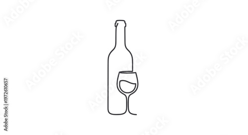 Minimalist wine bottle and glass line art, simple elegance for beverage branding.