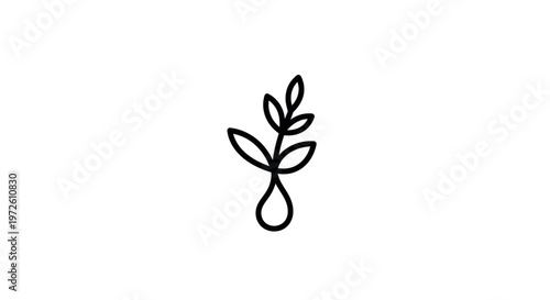 Minimalist plant sprout with dew drop, clean line art, organic growth concept