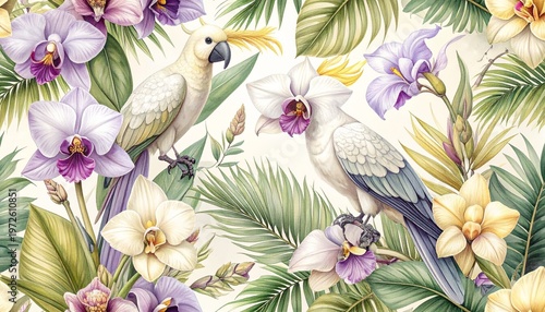 Watercolor painting of white cockatoos surrounded by purple orchid flowers and lush green palm leaves in a tropical botanical garden scene