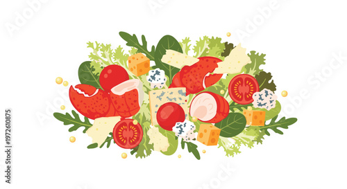 A gourmet lobster salad composed of bright red claws fresh cherry tomatoes creamy blue cheese and crisp green lettuce leaves is displayed on a white background.