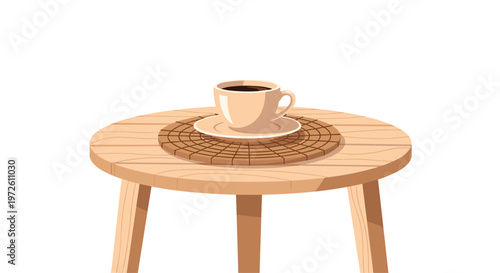 A minimalist white coffee cup filled with dark espresso sits on a circular wooden table featuring a textured brown woven coaster against a white background.