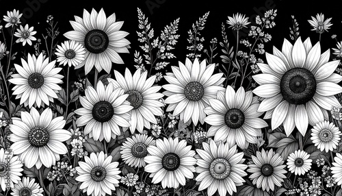 Elegant black and white sunflower illustration vintage floral engraving drawing on dark background monochrome botanical art for wallpaper design