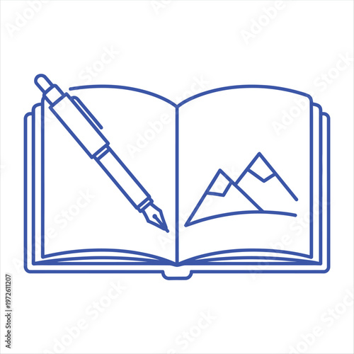 Fountain pen placed on an open sketchbook highlights the creative process of illustrating landscapes and artistic documentation.