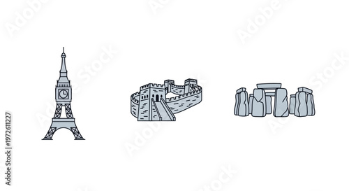 Eiffel Tower Stonehenge Big Ben landmarks.