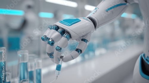 Robotic appendage delicately manipulates a medical injection device within a sterile laboratory setting.