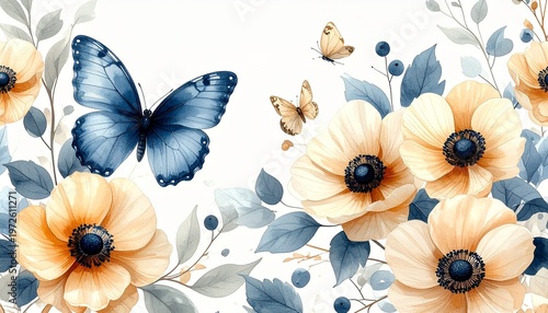 Elegant Watercolor Illustration of a Large Blue Butterfly Among Peach Poppies and Blue Foliage on a Simple White Background for Greeting Cards