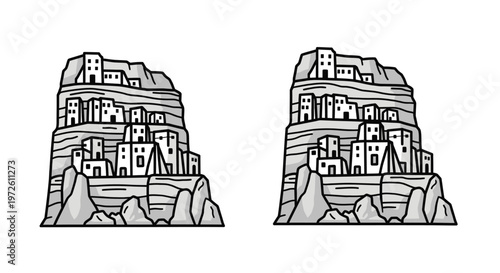 Illustration of ancient cliff dwellings.