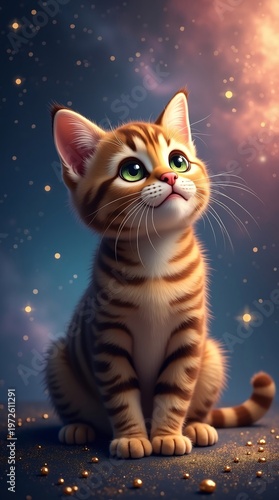 An adorable tabby kitten with bright green eyes sits gazing upward, surrounded by a magical, glowing starry sky and golden sparkles.