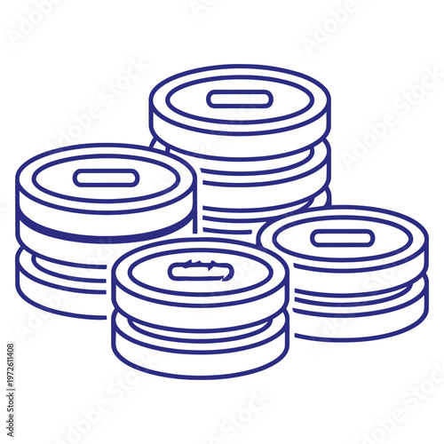 Coins stacked in multiple piles illustrate financial growth and wealth accumulation in a minimalist line art graphic.