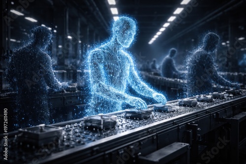 Digital worker assembling products in a futuristic factory environment