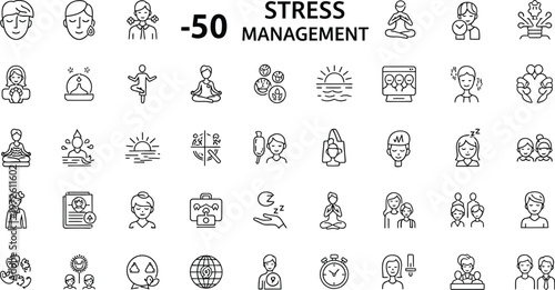 A grid of line art icons represents concepts of mental well-being, stress management, and emotional balance.