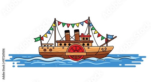 Steamboat ship decorated with festive flags for river celebration trip isolated on white background