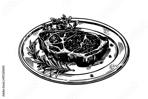 Hand-drawn illustration of a cooked steak on a plate with herbs and seasoning, presented on a clean white background, representing gourmet food