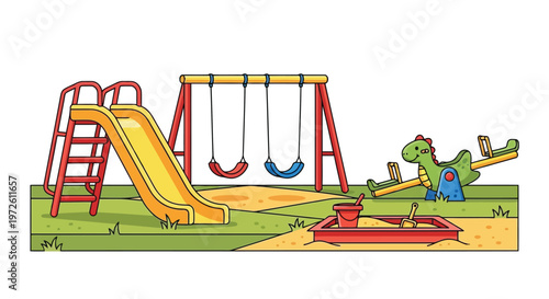 Colorful children playground with slide and swings in cartoon style isolated on white background