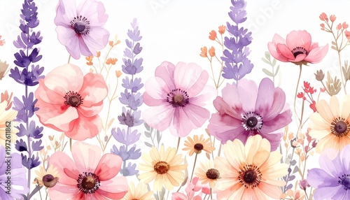 Beautiful Watercolor Floral Border with Purple Lavender Pink Anemones and Yellow Daisies for Wedding Invitation Background and Spring Design