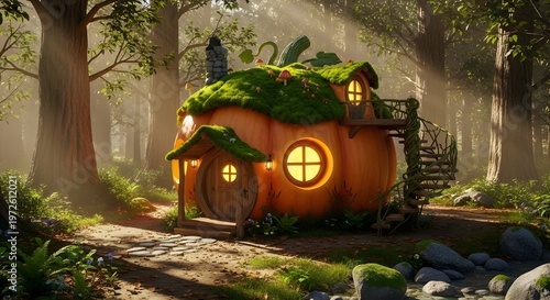Whimsical Pumpkin House with Moss-Covered Roof in Sunlit Forest