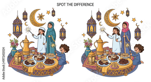 Spot the difference puzzle game with family celebrating Ramadan isolated on white background