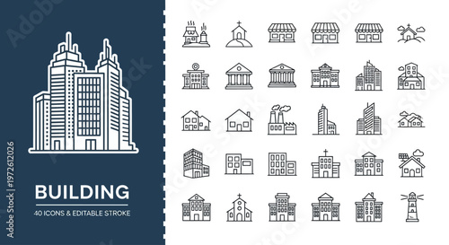 Outline Vector Building Icons for Architecture and Urban Design. Features Modern Skyscrapers, Residential Homes, and Commercial Structures for City Planning