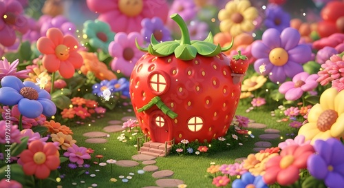 AI-Generated Strawberry House with Glowing Windows in Magical Flower Garden – Cute Fantasy 3D Illustration