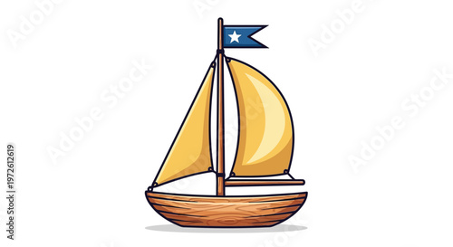 Small wooden sailboat with yellow sails and a star flag illustration isolated on white background