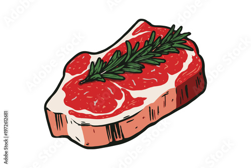 Raw steak with marbling and a rosemary sprig in a hand-drawn cartoon style on a white background, representing cooking and food preparation